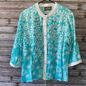 Bob Mackie Women's Long-Sleeved Snap-Down Top Sz L Blue White Floral Sequins NWT
